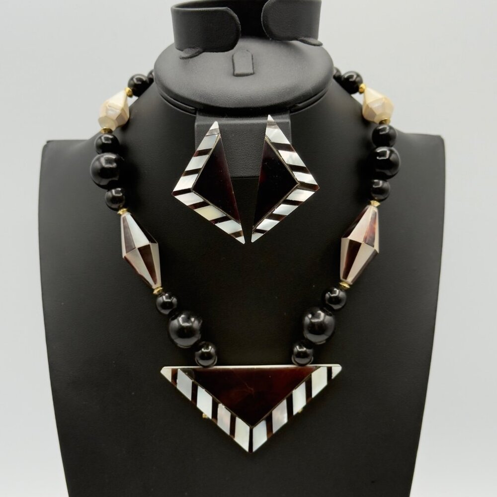 Vintage 1980s Art Deco Revival Statement Necklace Earrings Set MOP Inlay READ